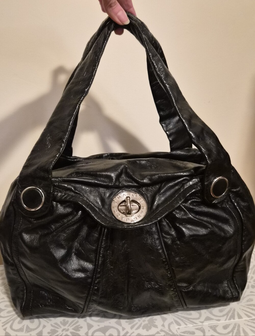 Marc by Marc Jacobs Totally Turnlock Black Crinkle Patent Leather Hobo Bag LNC